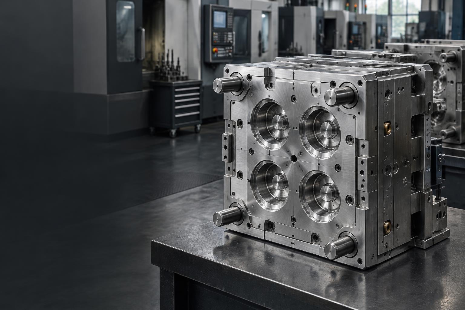 Precision steel injection mould in machining workshop